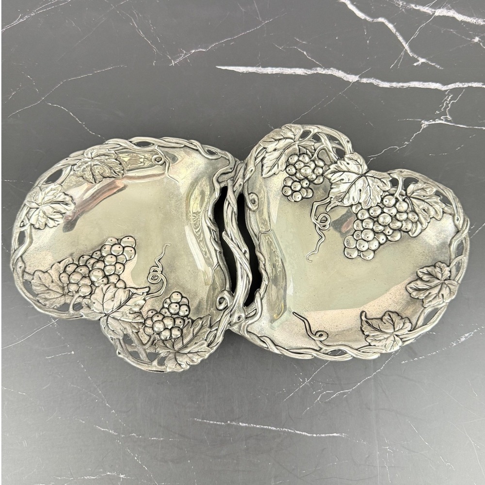 VTG Godinger Silverplate Double Heart Grapevine Trinket Jewelry Candy Dish 10X6